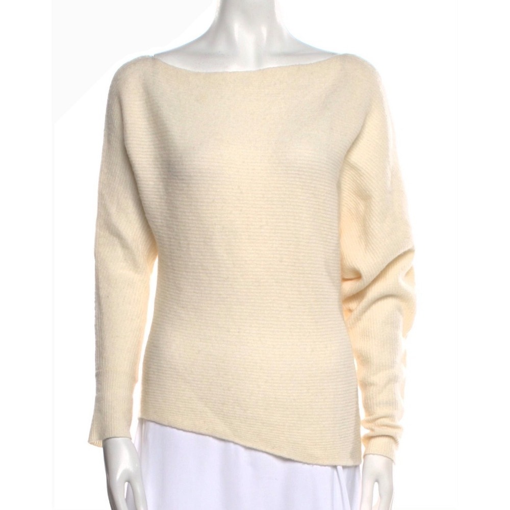 Intermix Asymmetrical Wool Cashmere Sweater Women P Cream Ribbed Knit *FLAW